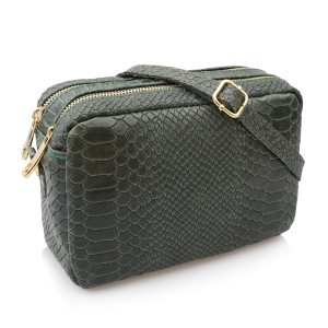 VERA PELLE torebka damska skórzana listonoszka kroko z paskiem na ramię V401 ciemna zielona