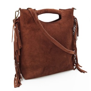 VERA PELLE torebka damska zamszowa listonoszka boho z frędzlami i paskiem V406 brązowa