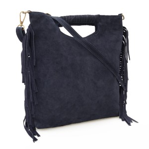 VERA PELLE torebka damska zamszowa listonoszka boho z frędzlami i paskiem V406 granatowa
