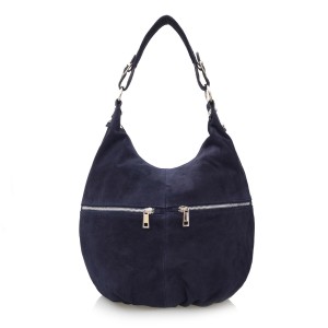 VERA PELLE torebka damska zamszowa worek z suwakami i paskiem na ramię V318 granatowa