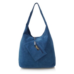 VERA PELLE torebka damska zamszowa worek na ramię z saszetką V132 ciemna jeansowa