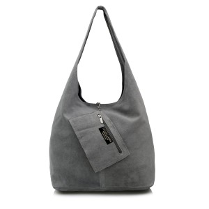 VERA PELLE torebka damska zamszowa worek na ramię z saszetką V132 ciemna szara