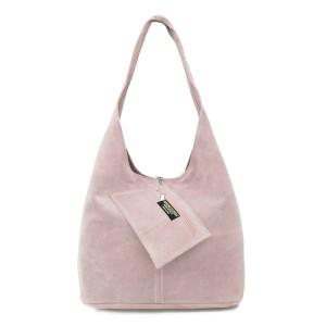 VERA PELLE torebka damska zamszowa worek na ramię z saszetką V132 jasna różowa