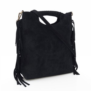 VERA PELLE torebka damska zamszowa listonoszka boho z frędzlami i paskiem V406 czarna