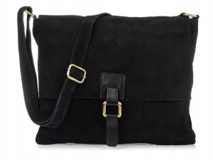 VERA PELLE torebka damska zamszowa listonoszka duża z klapą i paskiem V312 czarna