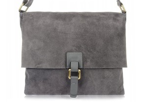 VERA PELLE torebka damska zamszowa listonoszka duża z klapą i paskiem V312 ciemna szara