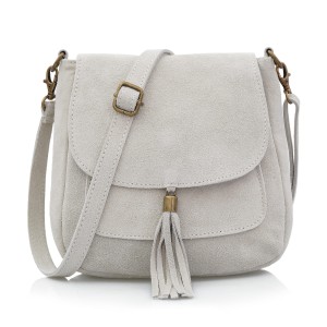 VERA PELLE torebka damska zamszowa listonoszka na ramię z klapą V449 kremowa