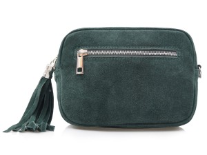 VERA PELLE torebka damska zamszowa listonoszka z paskiem na ramię V310 ciemna zielona