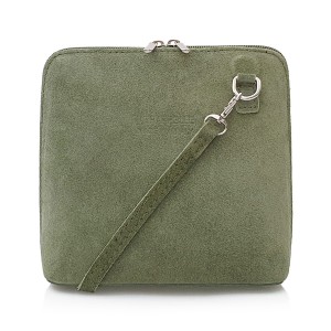 VERA PELLE torebka damska zamszowa listonoszka stożek z paskiem na ramię V452 oliwkowa