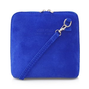 VERA PELLE torebka damska zamszowa listonoszka stożek z paskiem na ramię V452 chabrowa