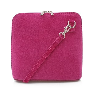 VERA PELLE torebka damska zamszowa listonoszka stożek z paskiem na ramię V452 fuksja