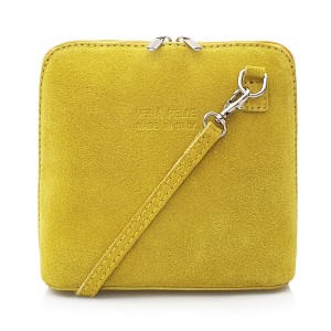 VERA PELLE torebka damska zamszowa listonoszka stożek z paskiem na ramię V452 żółta