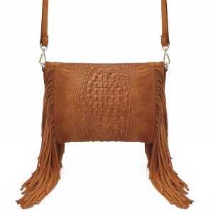 VERA PELLE torebka damska zamszowa listonoszka boho z frędzlami na ramię  V001 camel