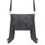 VERA PELLE torebka damska zamszowa listonoszka boho z frędzlami na ramię  V001 ciemna szara