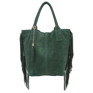 VERA PELLE torebka damska zamszowa shopper z frędzlami i saszetką V460 ciemna zielona