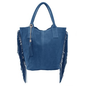 VERA PELLE torebka damska zamszowa shopper z frędzlami i saszetką V460 ciemna jeansowa