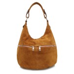 VERA PELLE torebka damska zamszowa worek z suwakami i paskiem na ramię V318 camel