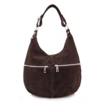 VERA PELLE torebka damska zamszowa worek z suwakami i paskiem na ramię V318 ciemna brązowa