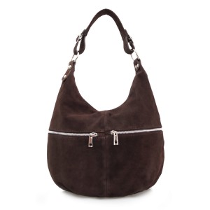 VERA PELLE torebka damska zamszowa worek z suwakami i paskiem na ramię V318 ciemna brązowa
