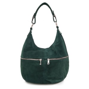 VERA PELLE torebka damska zamszowa worek z suwakami i paskiem na ramię V318 ciemna zielona
