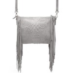 VERA PELLE torebka damska zamszowa listonoszka boho z frędzlami na ramię  V001 jasna szara