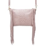 VERA PELLE torebka damska zamszowa listonoszka boho z frędzlami na ramię  V001 jasna różowa