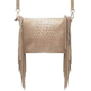 VERA PELLE torebka damska zamszowa listonoszka boho z frędzlami na ramię  V001 beżowa