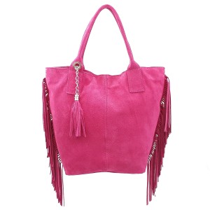 VERA PELLE torebka damska zamszowa shopper z frędzlami i saszetką V460 fuksja