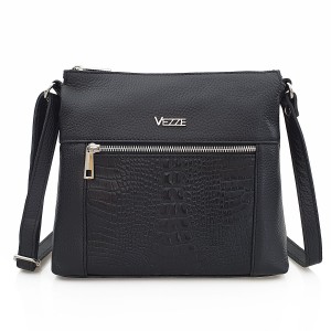 VEZZE torebka damska skórzana listonoszka kroko z paskiem na ramię V022 czarna