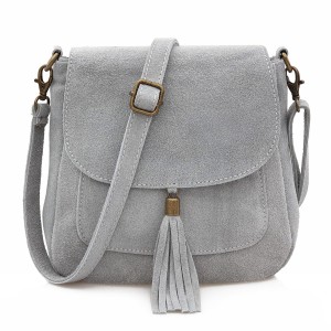 VERA PELLE torebka damska zamszowa listonoszka na ramię z klapą V449 jasna szara