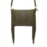 VERA PELLE torebka damska zamszowa listonoszka boho z frędzlami na ramię  V001 oliwkowa