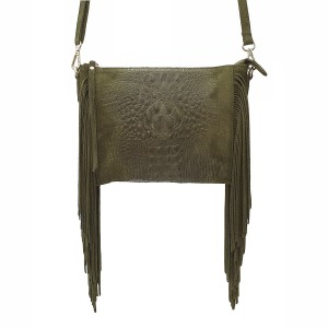 VERA PELLE torebka damska zamszowa listonoszka boho z frędzlami na ramię  V001 oliwkowa