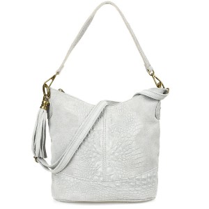 VERA PELLE torebka damska zamszowa listonoszka z paskiem i frędzelkiem kroko V479 jasna szara