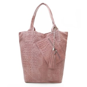 VERA PELLE torebka damska zamszowa shopper kroko z długimi rączkami i saszetką V141 ciemna różowa