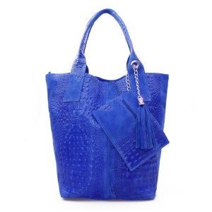 VERA PELLE torebka damska zamszowa shopper kroko z długimi rączkami i saszetką V141 chabrowa