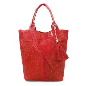 VERA PELLE torebka damska zamszowa shopper kroko z długimi rączkami i saszetką V141 czerwona