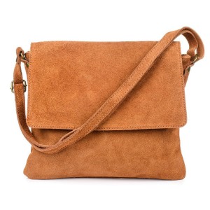 VERA PELLE torebka damska zamszowa listonoszka z klapą i paskiem V480 camel