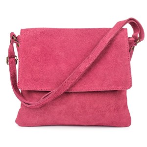 VERA PELLE torebka damska zamszowa listonoszka z klapą i paskiem V480 fuksja