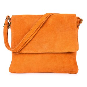 VERA PELLE torebka damska zamszowa listonoszka z klapą i paskiem V480 pomarańczowa