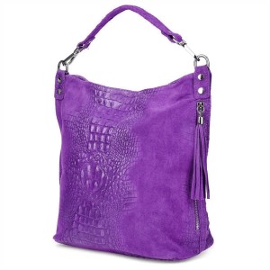 VERA PELLE torebka damska zamszowa worek kroko z paskiem na ramię V476 c.fioletowa