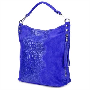 VERA PELLE torebka damska zamszowa worek kroko z paskiem na ramię V476 chabrowa