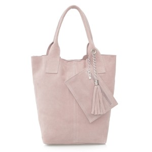 VERA PELLE torebka damska zamszowa worek shopper z saszetką na ramię V093 jasna różowa