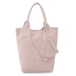 VERA PELLE torebka damska zamszowa worek shopper z suwakiem i saszetką V146 jasna różowa