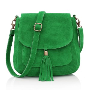 VERA PELLE torebka damska zamszowa listonoszka na ramię z klapą V449 zielona