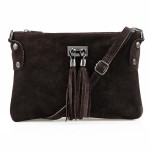 VERA PELLE torebka damska zamszowa listonoszka z frędzelkami V036 ciemna brązowa