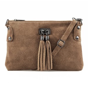 VERA PELLE torebka damska zamszowa listonoszka z frędzelkami V036 taupe