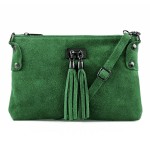 VERA PELLE torebka damska zamszowa listonoszka z frędzelkami V036 ciemna zielona