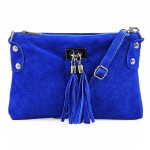 VERA PELLE torebka damska zamszowa listonoszka z frędzelkami V036 chabrowa