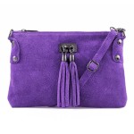 VERA PELLE torebka damska zamszowa listonoszka z frędzelkami V036 fioletowa