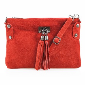 VERA PELLE torebka damska zamszowa listonoszka z frędzelkami V036 czerwona